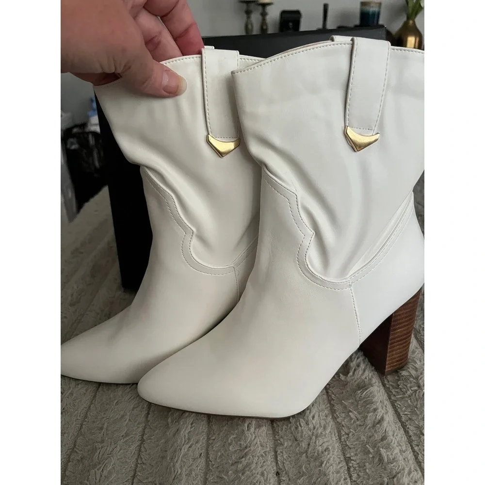 Lulus Taryne White Vegan Leather Western Mid-Calf Block Heel Boots Size 11